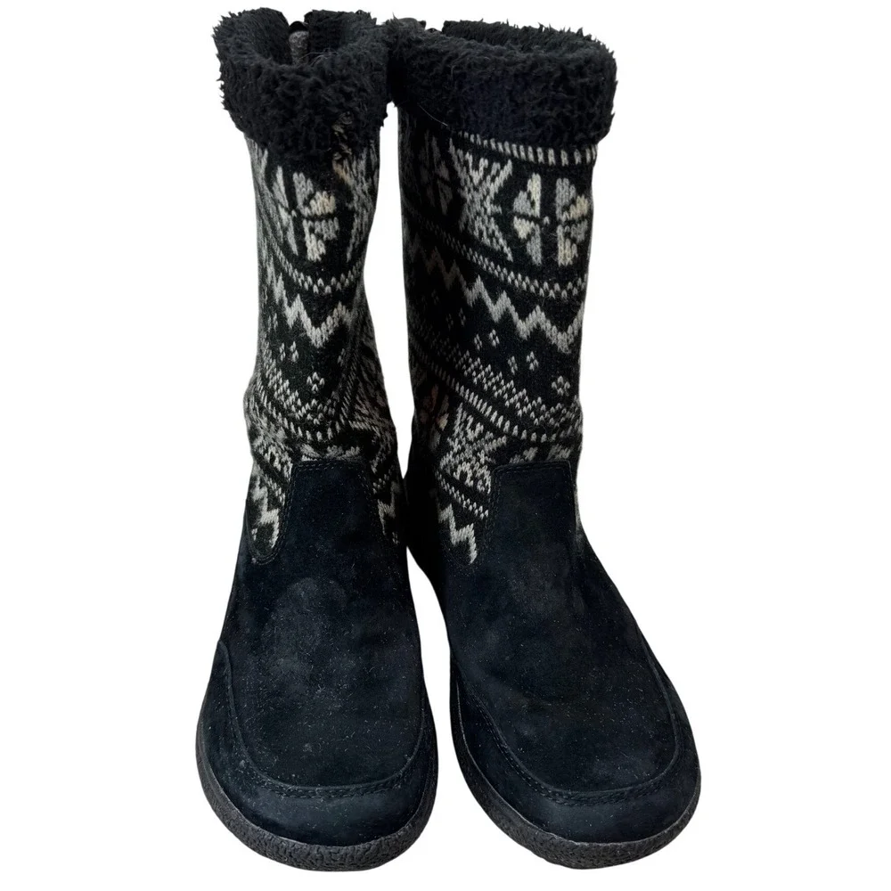 Propet Snow Boots‎ Size 7N Women's Black Suede Leather Fair Isle Knit Winter